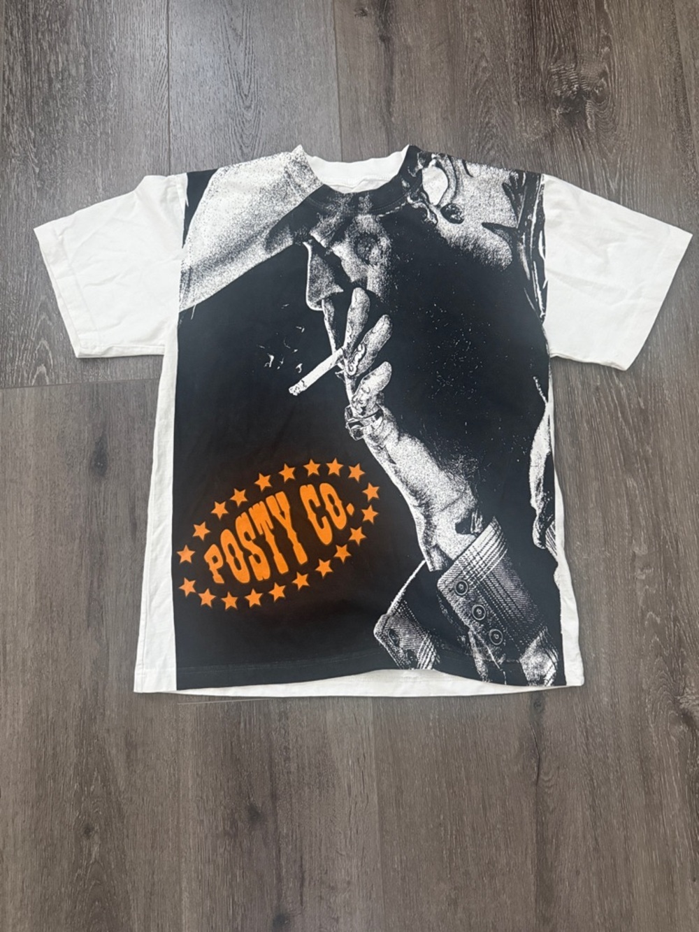 Posty Co. unisex Short Sleeve Graphic Tee in White and Black with Orange Logo